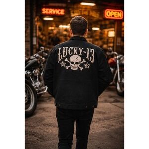 Lucky 13 Skull Graphic Zip Jacket Black Y2K Rockabilly Punk Biker Size 2X
